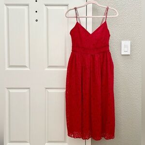 AMISU, Red Lace, Spaghetti Strap, Classic, Fit & Flare Semi Formal Midi Dress, 8